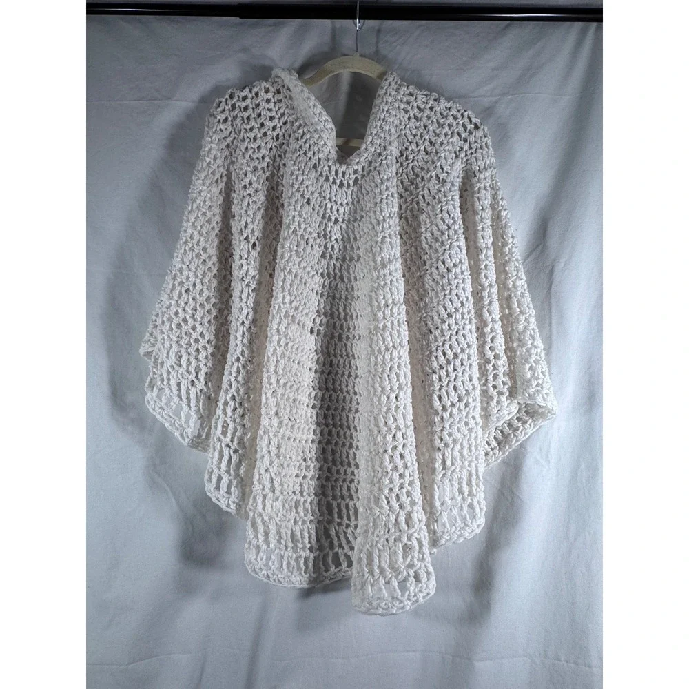 Handmade Crochet Shawl Wrap Cream White Open Knit Tie Front Bed Jacket Cape